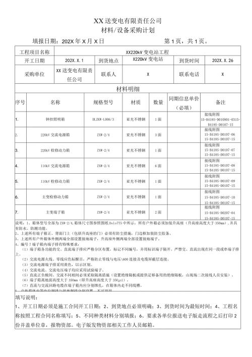 XX送变电有限责任公司材料及设备采购计划（2024年）.docx