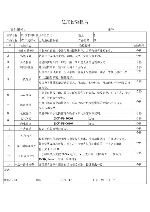 XX广场雨水收集系统控制柜低压检验报告（2024年XX机电科技有限公司）.docx
