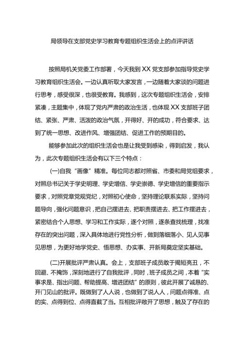 局领导在支部党史学习教育专题组织生活会上的点评讲话.docx