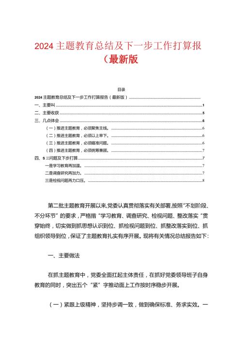 2024主题教育总结及下一步工作打算报告（最新版）.docx