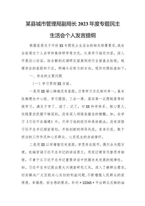 某县城市管理局副局长2023专题民主生活会个人发言提纲.docx