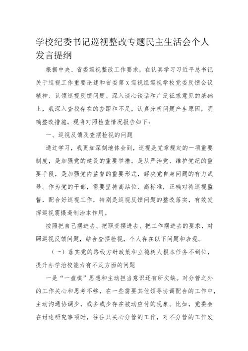 学校纪委书记巡视整改专题民主生活会个人发言提纲(2).docx