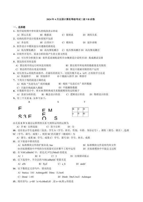 2024年3月计算机等级考试二级VB笔试真题及答案.docx