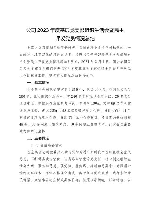 公司20232024党支部组织生活会暨评议党员情况总结.docx