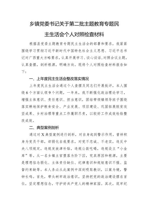 乡镇党委书记关于第二批主题教育专题民主生活会个人对照检查（典型案例+政绩观+意识形态+民族团结）.docx