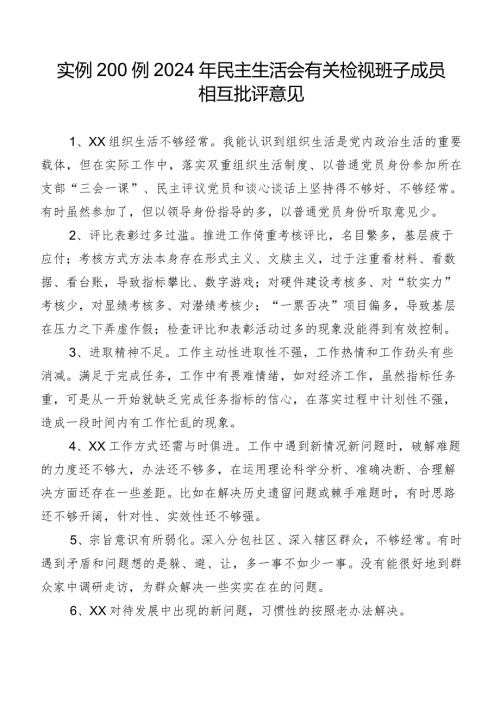 实例200例2024年民主生活会有关检视班子成员相互批评意见.docx