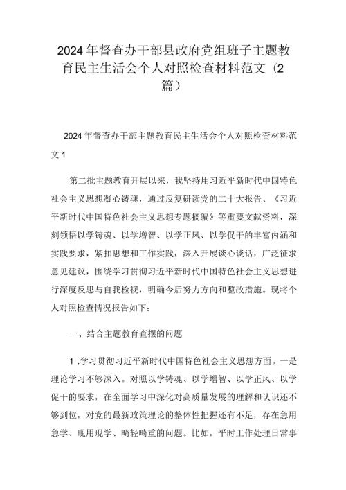 2024年督查办干部县政府党组班子主题教育民主生活会个人对照检查材料范文(2篇).docx