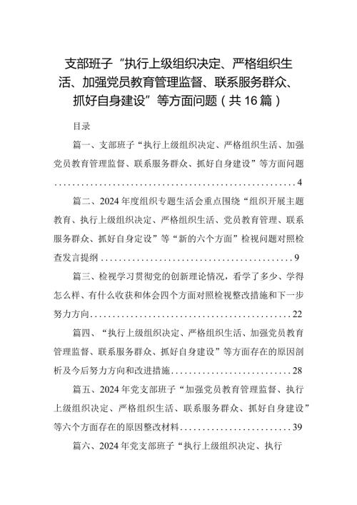 支部班子“执行上级组织决定、严格组织生活、加强党员教育管理监督、联系服务群众、抓好自身建设”等方面问题(精选16篇).docx