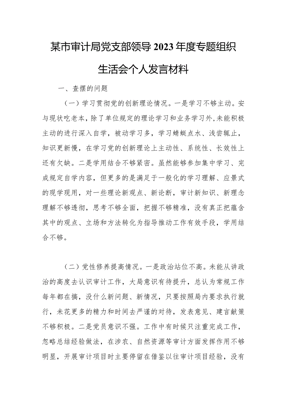 某市审计局党支部领导2023专题组织生活会个人发言材料.docx_第1页