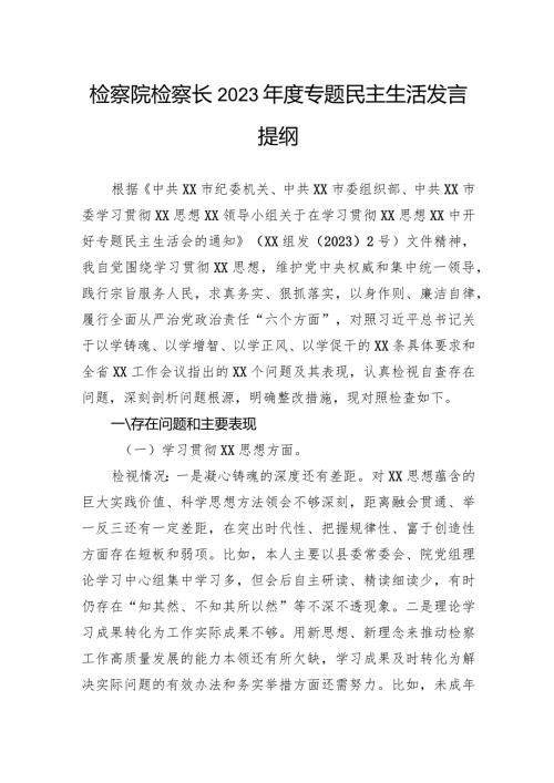 检察院检察长2023专题民主生活发言提纲.docx