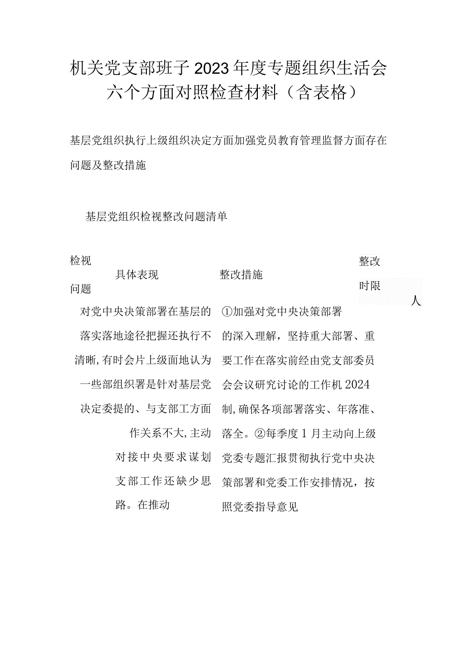 机关党支部班子2023专题组织生活会六个方面对照检查材料(含表格）.docx_第1页