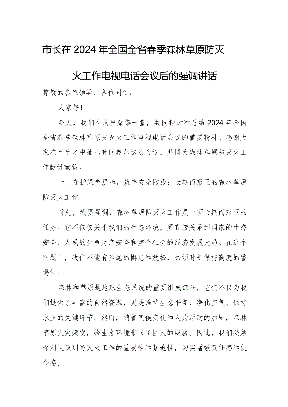市长在2024年全国全省季森林草原防灭火工作电视电话会议后的强调讲话.docx_第1页