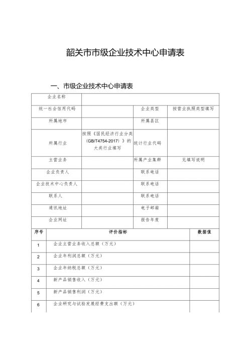 韶关市市级企业技术中心申请表.docx