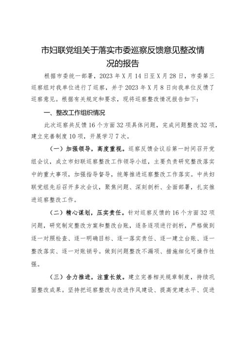 市妇联党组关于落实市委巡察反馈意见整改情况的报告.docx