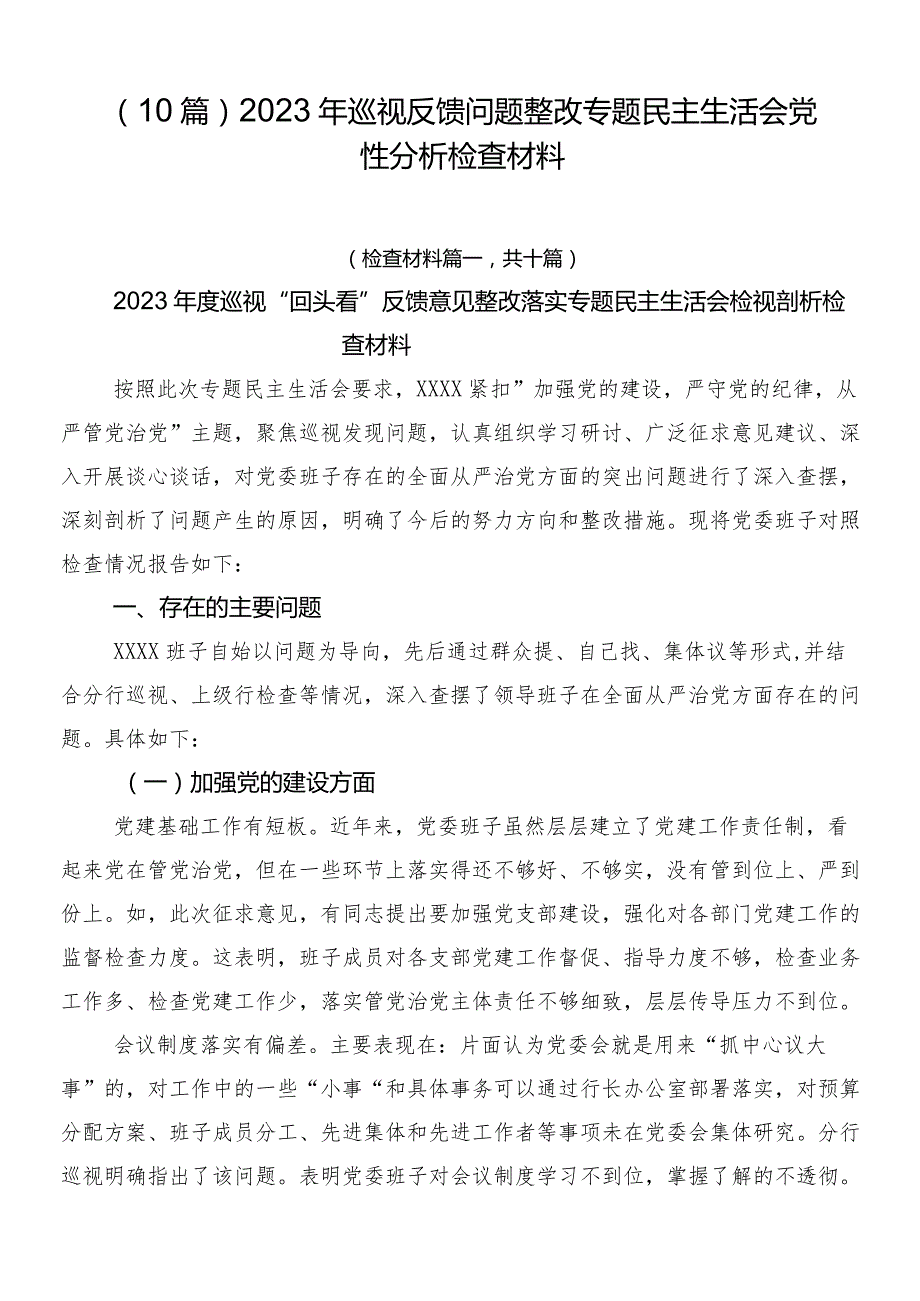 （10篇）2023年巡视反馈问题整改专题民主生活会党性分析检查材料.docx_第1页