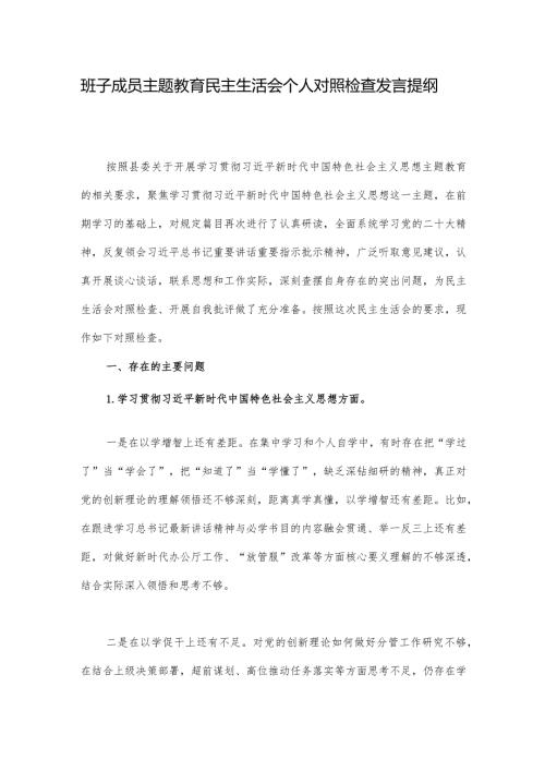 班子成员主题教育民主生活会个人对照检查发言提纲.docx