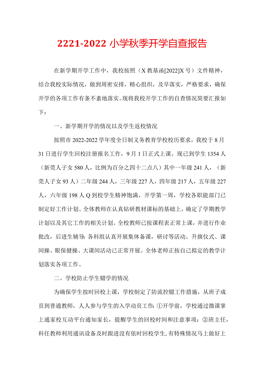 22212022小学季开学自查报告.docx_第1页