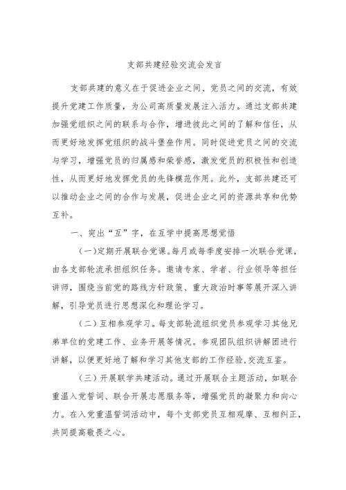 支部共建经验交流会发言.docx