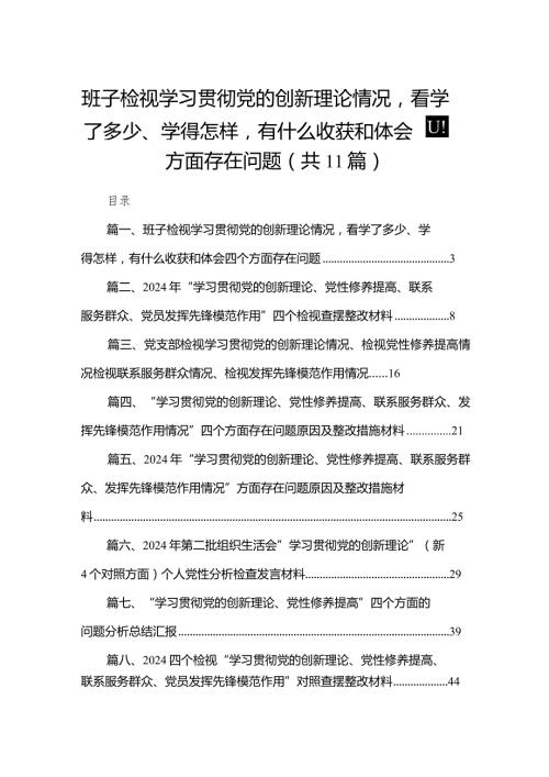 （11篇）班子检视学习贯彻党的创新理论情况看学了多少、学得怎样有什么收获和体会四个方面存在问题合集.docx