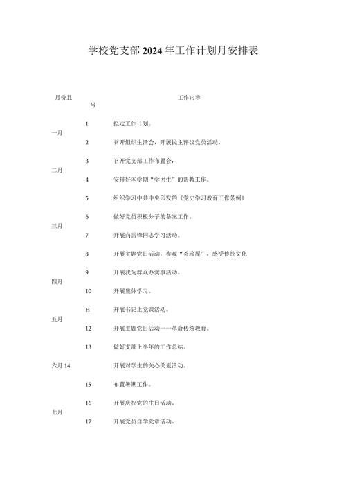 学校党支部2024年工作计划月安排表.docx