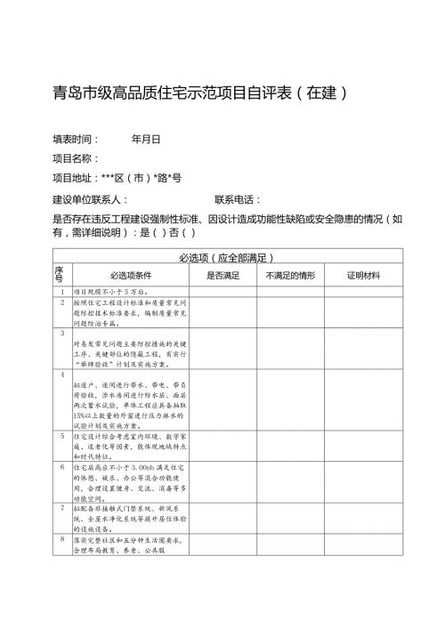 青岛市级高品质住宅示范项目自评表在建.docx