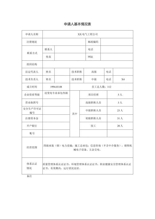 申请人基本情况表（2024年XX电气工程公司 ）.docx