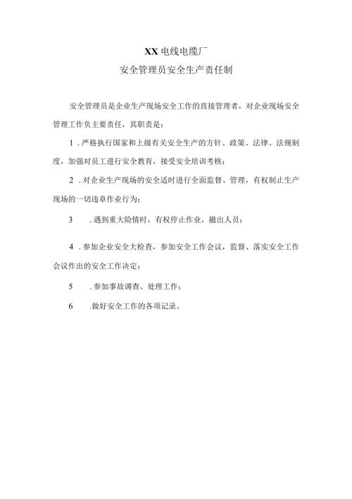 XX电线电缆厂安全管理员安全生产责任制（2023年）.docx