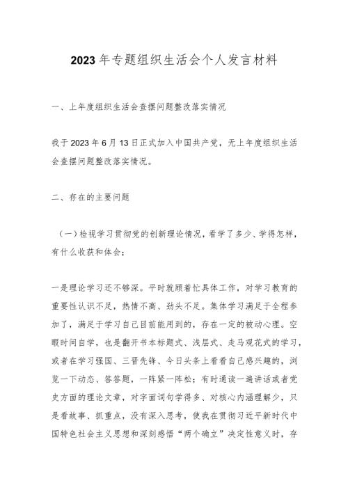 2023年专题组织生活会个人发言材料.docx