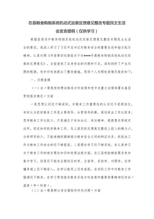 在县粮食购销系统机动式巡察反馈意见整改专题民主生活会发言提纲.docx