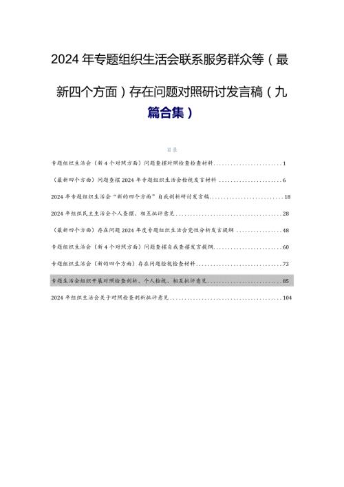 2024年专题组织生活会联系服务群众等(最新四个方面)存在问题对照研讨发言稿（九篇合集）.docx