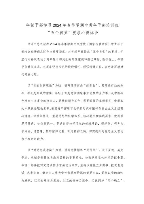 年轻干部学习2024年季学期中青年干部培训班“五个自觉”要求心得体会.docx