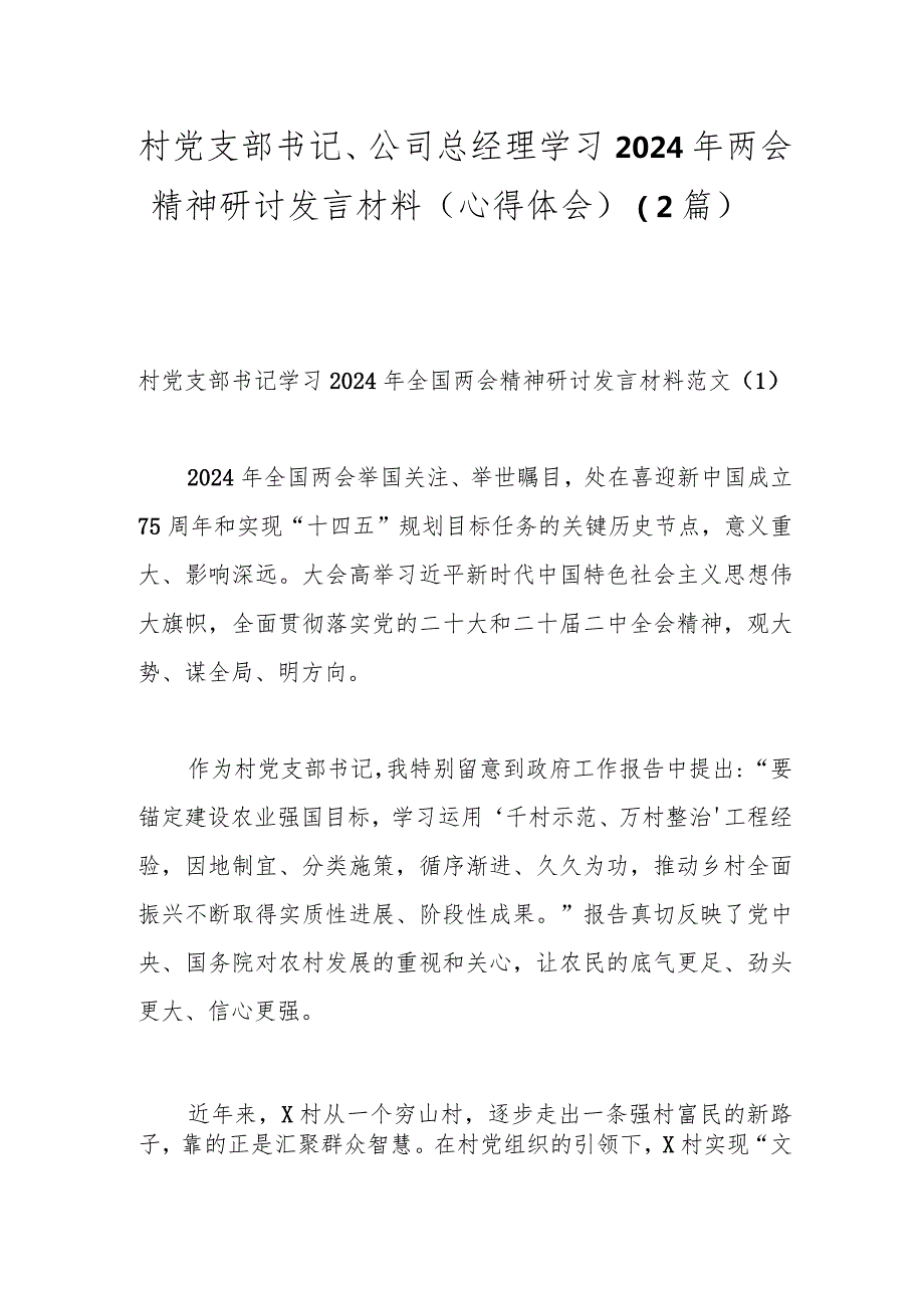 （2篇）村党支部书记、公司总经理学习2024年两会精神研讨发言材料（心得体会）.docx_第1页