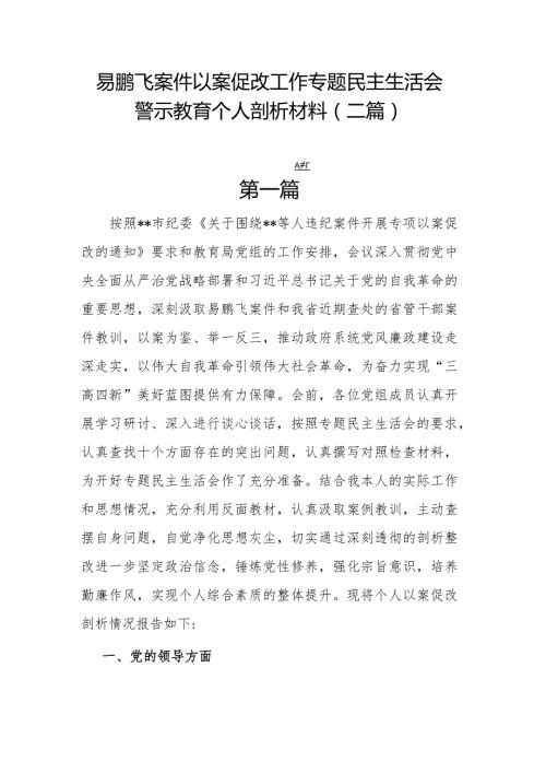 易鹏飞案件以案促改工作专题民主生活会警示教育个人剖析材料(二篇).docx