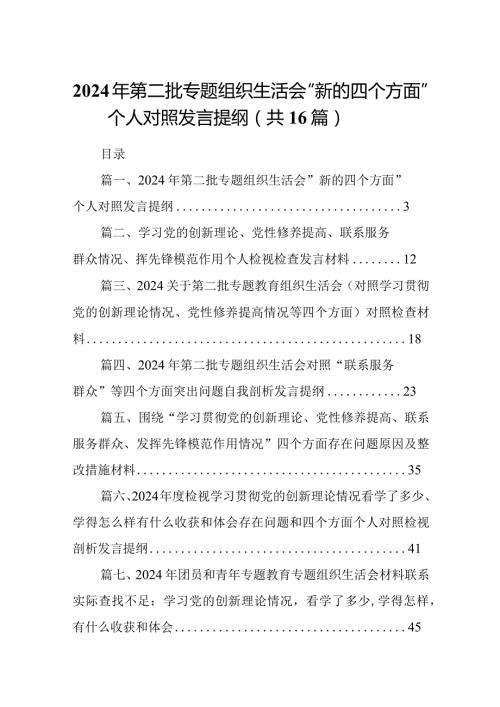 2024年第二批专题组织生活会“新的四个方面”个人对照发言提纲16篇供参考.docx