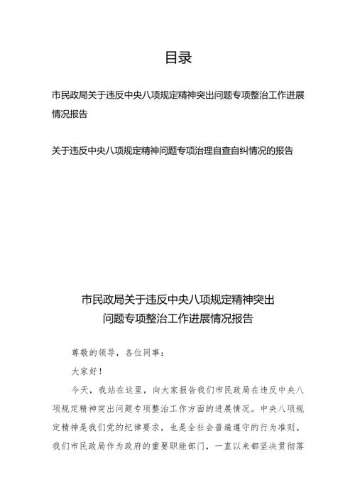 市民政局关于违反中央八项规定精神突出问题专项整治工作进展情况报告+关于违反中央八项规定精神问题专项治理自查自纠情况的报告.docx