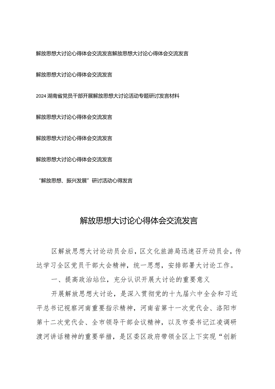 (8篇）湖南省2024解放思想大讨论心得体会交流发言感悟.docx_第1页