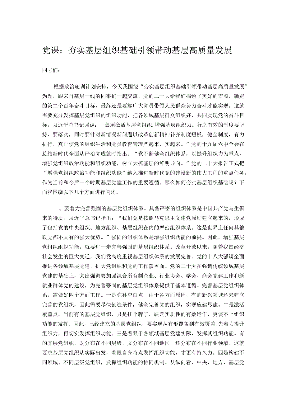 党课：夯实基层组织基础引领带动基层高质量发展.docx_第1页