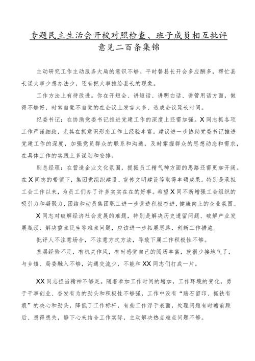 专题民主生活会开展对照检查、班子成员相互批评意见二百条集锦.docx