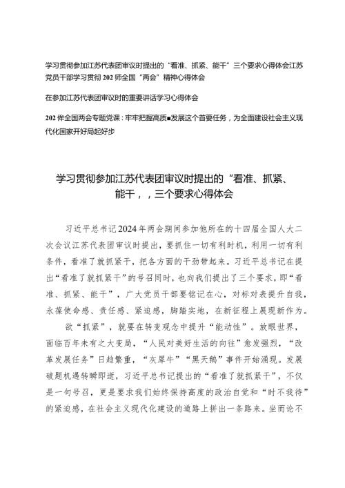 （4篇）学习贯彻参加江苏代表团审议时提出的“看准、抓紧、能干”三个要求心得体会（2024年全国两会专题党课）.docx
