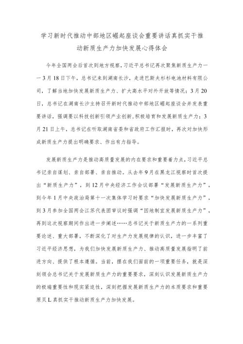 学习新时代推动中部地区崛起座谈会重要讲话真抓实干推动新质生产力加快发展心得体会.docx