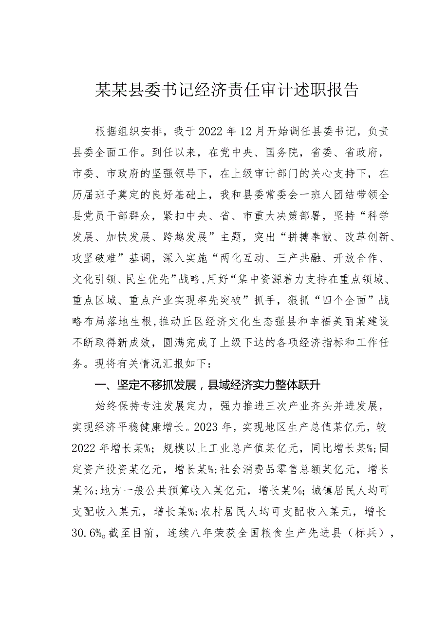 某某县委书记经济责任审计述职报告.docx_第1页