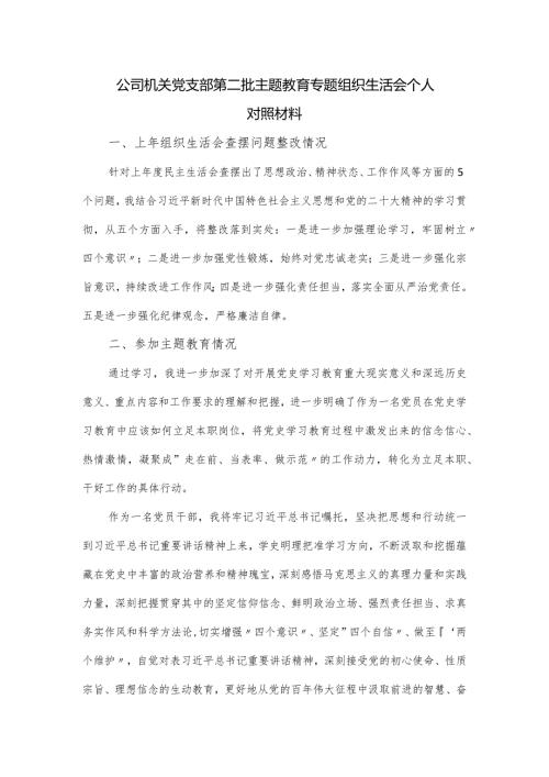 公司机关党支部第二批主题教育专题组织生活会个人对照材料.docx