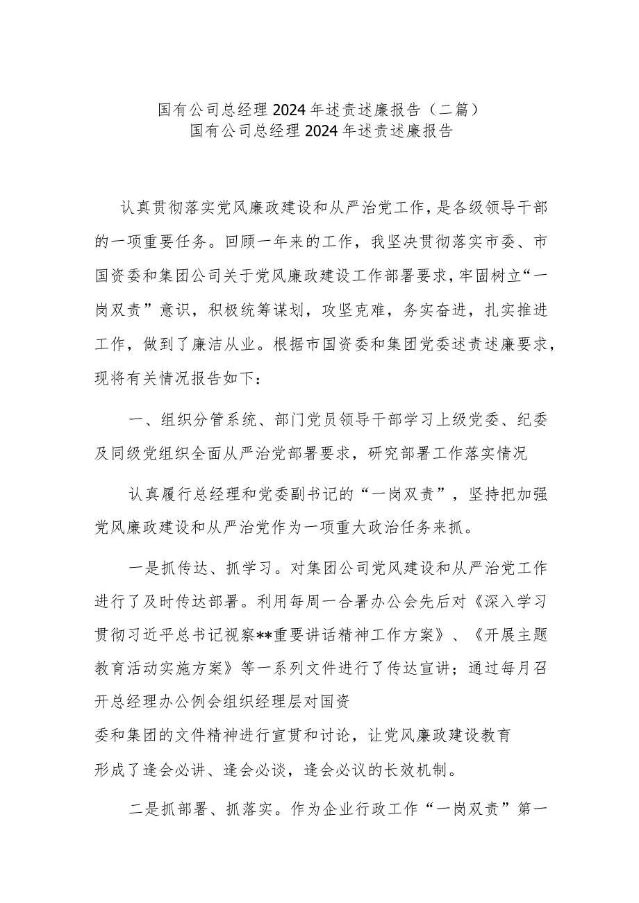 国有公司总经理2024年述责述廉报告(二篇).docx_第1页