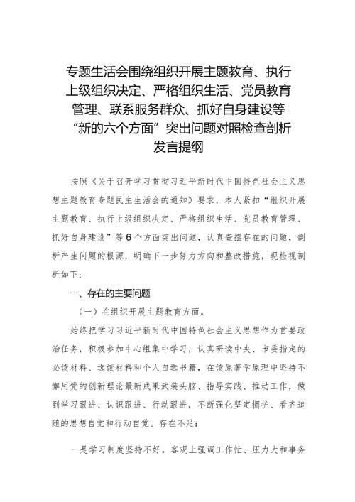 组织开展主题教育、执行上级组织决定、严格组织生活、党员教育管理'联系服务群众、抓好自身定设等新的六个方面检视问题对照检查发言材料十三篇.docx