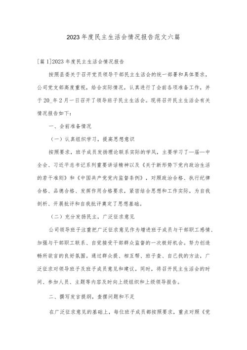2023民主生活会情况报告范文六篇.docx