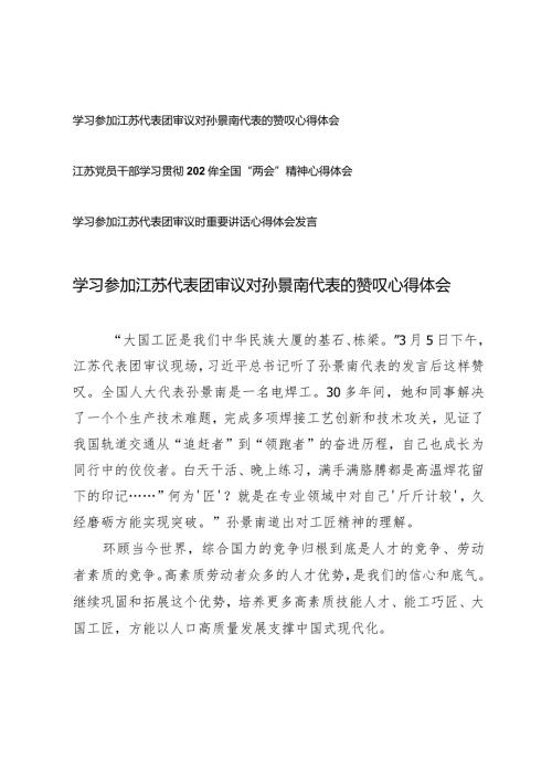 （3篇）2024年学习参加江苏代表团审议对孙景南代表的赞叹心得体会发言.docx