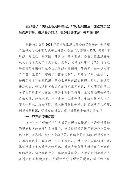 支部班子“执行上级组织决定、严格组织生活、加强党员教育管理监督、联系服务群众、抓好自身建设”等方面问题(9篇合集）.docx