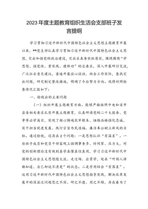 2023主题教育组织生活会支部班子发言提纲(1).docx