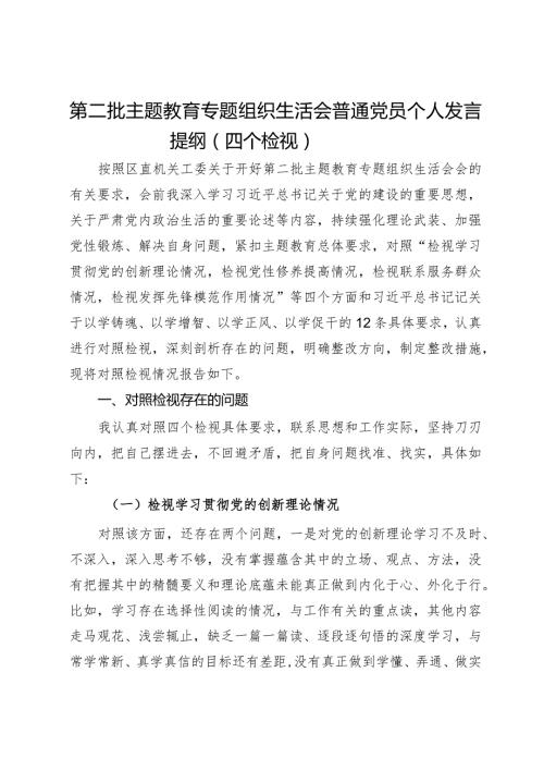 第二批主题教育专题组织生活会普通党员个人发言提纲（四个检视）.docx