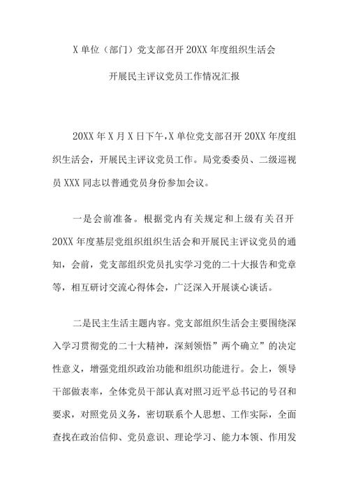 X单位（部门）党支部召开20XX组织生活会开展民主评议党员工作情况汇报.docx